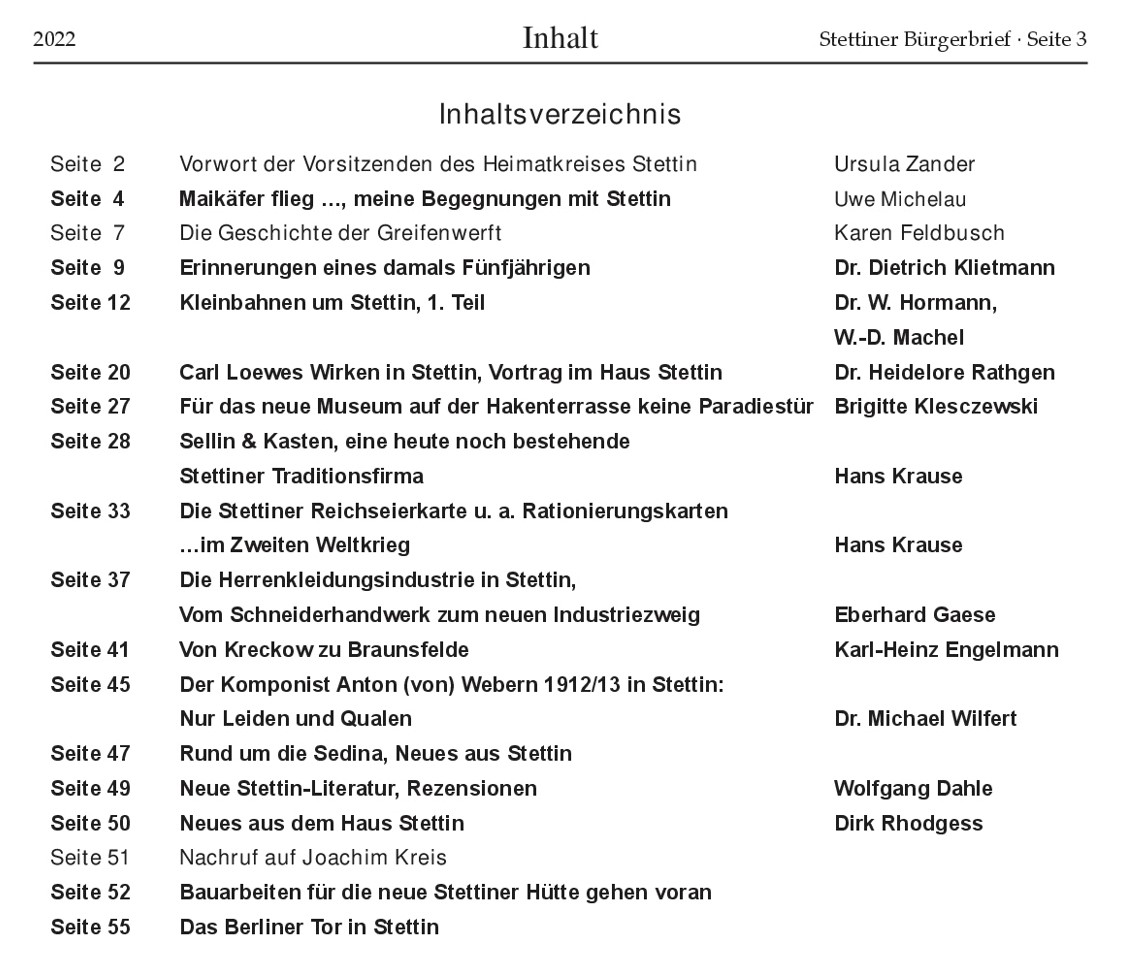 Inhalt Stettiner Bürgerbrief von 2022